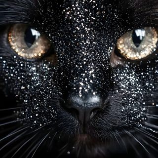 a black cat's face covered in glitter Black Cat Diamonds For Halloween In Glittery Pet Photography Inspiration, Black Cat Glitter, Black Cat With Glitter,