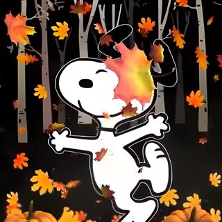 a cartoon dog is dancing in the fall leaves Snoopy Halloween Gif Snoopy Harvest, October Snoopy, Snoopy Hello October, Snoopy Happy Fall, black
