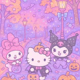 hello kitty halloween wallpaper with pumpkins and cats Sanrio Halloween Pastel Purple Hello Kitty, Hello Kitty Halloween, Kitty, Halloween, Sanrio Characters, plum