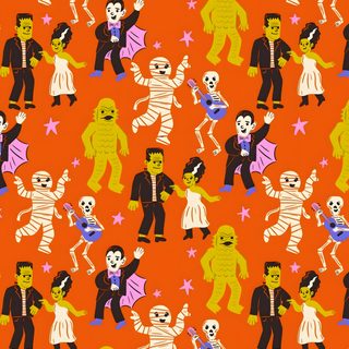 an orange background with cartoon characters on it Halloween Monster Pattern Pattern Halloween, Halloween Characters, Quirky Halloween, orange red