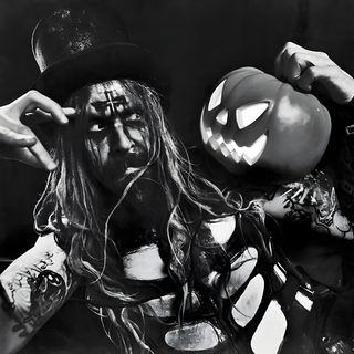 a man with long hair wearing a top hat and holding a jack - o'- lantern Halloween Rob Zombie Rob Zombie Photoshoot, Rob Zombie Background, Rob Zombie Halloween, black