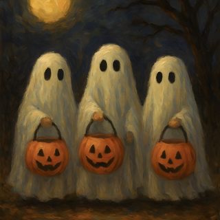 three ghost pumpkins in front of a full moon Halloween 3 Pumpkin Ghosts, Halloween Decor Pictures, Vintage Ghosts, Spooky Cozy, 3 Ghosts, dark slate gray