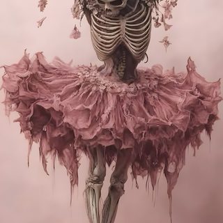 a skeleton in a pink dress with her hands on her head and arms behind her back Halloween Ballerina rosy brown