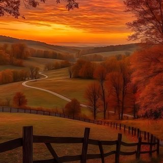 an autumn sunset over a country road and fields with trees in the foreground, along with a wooden fence Halloween Sunrise Landscapes Images, Fall Feels Aesthetic, Autumn View, Country Autumn, saddle brown