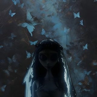 a woman in a white dress standing under a veil with blue butterflies flying around her Halloween Iphone Corpse Bride Air Algerie, Bride Quotes, Emily Corpse Bride, Corpse Bride Art, dark slate gray