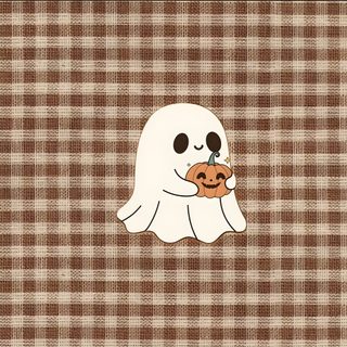a white ghost with a pumpkin in its mouth on a brown checkered table cloth Aesthetic Cute Halloween For Ipad Fall Background, rosy brown