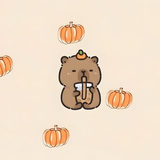 a bear with a crown on its head surrounded by pumpkins and small ones in the background Capybara Halloween Winnie The Pooh Drawing, Cute Lockscreens, Halloween Cute, antique white