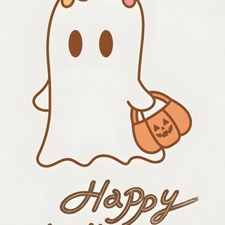 a ghost with a flower in her hair holding a candy bag and smiling at the camera Preppy Happy Halloween linen