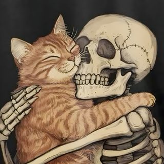 a cat is hugging a skeleton with its head on it Halloween Skeleton Cat Cat Skeleton, Cat And Human Skeleton, Skeleton Holding Cat, dark olive green