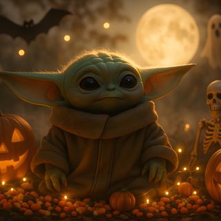 a baby yoda sitting in front of pumpkins and jack - o'- lanterns Baby Yoda Halloween Star Wars, Cute Gifts, Star Wars Baby Yoda Background, Baby Yoda Pumpkin, maroon