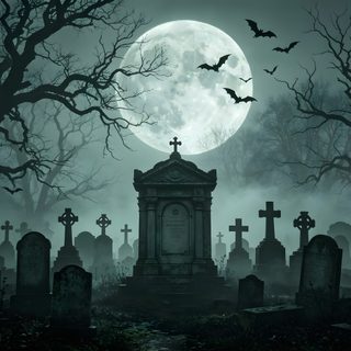 a cemetery with bats flying over it and the moon in the sky behind it, Halloween Graveyard dark slate gray