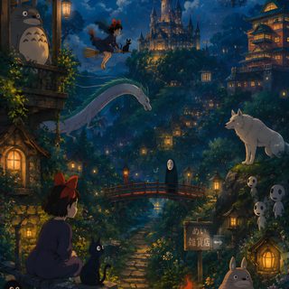 an animated scene with cats, dogs and other animals in the park at night time Ghibli Halloween Spirit World, Studio Ghibli Aesthetic, Studio Ghibli Art, Ghibli Art, dark slate gray