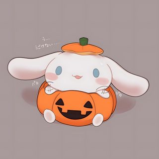 a rabbit sitting on top of a pumpkin with its head in the shape of a pumpkin Cinnamon Roll Hello Kitty Halloween Cute Flower Drawing, Kitty Drawing, Cute Cartoon Images, rosy brown