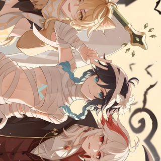 some anime characters standing together in front of a clock Halloween Genshin Halloween Art, Boys, Halloween Boys, The Manga, Character Illustration, rosy brown