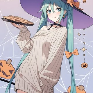 a woman with long blue hair wearing a witches hat and holding a tray of food Hatsune Miku Halloween Fall Miku, Miku Witch, Hatsune Miku Halloween, Halloween Miku, light gray