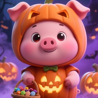 a little pig in a pumpkin costume holding a basket full of candies and candy Cute Halloween Pig Halloween, Halloween Animals, Scary Photos, dim gray