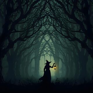 a person in a dark forest holding a lantern Halloween Banner With Forest Witch Desktop, Halloween, Witchcraft Desktop, black