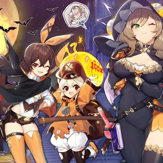 three girls dressed in halloween costumes standing next to each other with bats and pumpkins Genshin Impact Halloween Anime Halloween Pc, Halloween Genshin, Genshin Halloween, dim gray