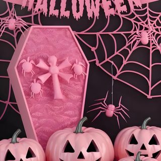 three carved pumpkins sitting in front of a pink frame with the words happy halloween on it Happy Halloween Pink Halloween Pink Theme, Bold Pink Halloween Theme, Spooky Pink, indian red