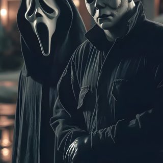 a man wearing a mask and holding a knife in front of another person's face Halloween Movies Halloween Hd, Ghostface With Michael Myers, Ghostface Halloween, black