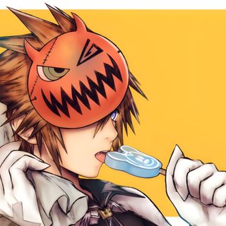 an anime character wearing a red mask and holding a lollipopo in his mouth Sora Halloween Town 1920x1080 Kingdom Hearts Pumpkinhead, Kingdom Hearts Halloween Sora, Axel Kingdom Hearts Icon, sandy brown