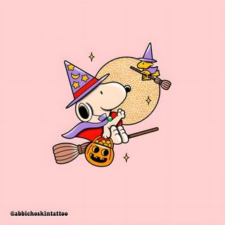 a cartoon character flying on a broom with a pumpkin in his hand and wearing a witch's hat Pink Snoopy Halloween pink