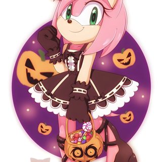 an anime character with pink hair and green eyes holding a handbag in front of a purple Amy Rose Halloween Amy Rose Halloween Costume, Amy Rose Skeleton, Sonic And Amy Halloween, pink