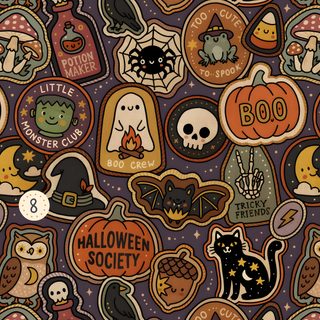 an image of halloween stickers on a purple background Halloween Patch Retro Color Palette, Witch Hat, Retro Color, Surface Design, Seamless Patterns, saddle brown