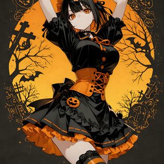 a woman dressed in black and orange holding a pumpkin Halloween Anime Hd Female Orc, Gothic Anime, Modern Fantasy, Emo Scene, Fashion Design Drawings, black