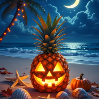 a pineapple carved into the shape of a jack - o'- lantern on a beach Halloween Tropical Beach Halloween, Halloween Beach Background, Halloween Tropical, dark slate gray