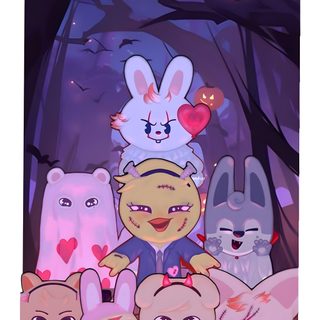 an image of some cartoon animals in the woods with hearts on their heads and ears Straykids Halloween Skzoo Characters, Stray Kids Skzoos, Cute Stray Kids Skzoo, Skzoo Valentines, rosy brown