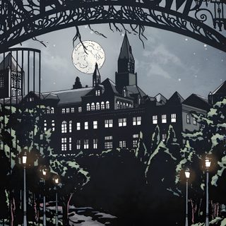 an image of a city at night with the moon in the sky Arkham Halloween Dark Deco, Batman Arkham Asylum, Arkham City, Arkham Asylum, Batman Universe, black