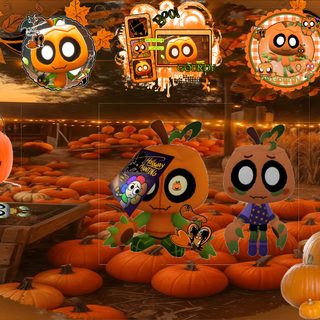 an animated halloween scene with pumpkins and jack - o'- lanternes in the background Halloween Pumpkin Brawl Custom saddle brown