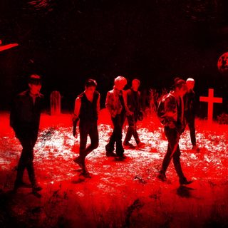 a group of people standing in the middle of a cemetery Ateez Halloween Ateez Vampire, Ateez Headers Twitter, Kpop Demon Hunters For Laptop, black