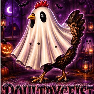 an image of a halloween poster with a chicken in it's costume and the words poultrygeest Halloween Chicken dark slate gray