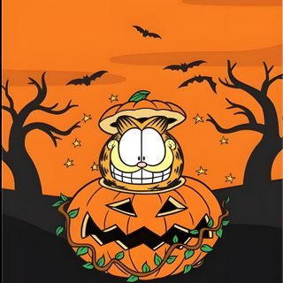a cartoon character sitting on top of a pumpkin in the middle of a halloween scene Halloween Garfield Garfield Fall, Phone Pastel, Garfield Halloween, Garfield Screensaver, chocolate