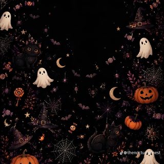 a black background with pumpkins, ghost and other halloween related items in the center Cute Black Halloween black