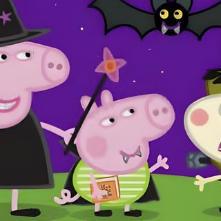 peppa pig and his family are dressed up for halloween with bats in the background Peppa Pig Halloween Peppa Pig Halloween Episodes, Mummy Sheep Peppa Pig, Peppa Halloween Episode, dark slate blue