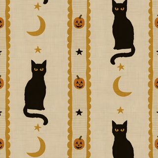 a black cat sitting on top of a table next to a moon and pumpkins Halloween Cat Stripes tan