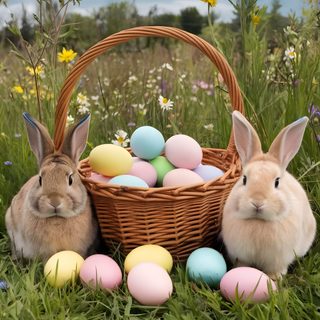 two rabbits sitting next to a basket filled with eggs Halloween Easter Ideas Easter Pics Aesthetic, Easter Bunnies, Easter Pictures Aesthetic, dim gray