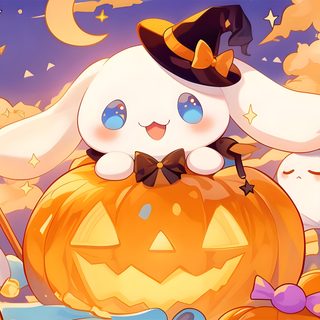 a cartoon bunny sitting on top of a pumpkin surrounded by other cats and ghost's Cinnamoroll Halloween Cinnamoroll Sanrio Halloween, Cinnamoroll Halloween, Pumpkin Carving Ideas Cinnamoroll, light salmon