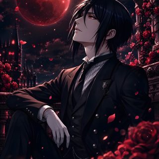 a man sitting on the ground in front of a full moon and red rose bush Halloween Anime Boy Sebastian Michaelis Fanart, Black Butler Fanart, Sebastian Michaelis, Shu Sakamaki,