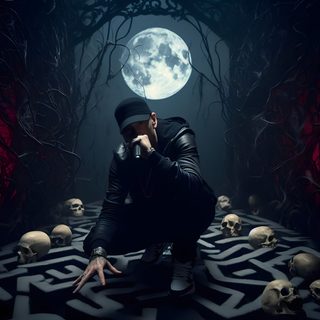 a man kneeling down in front of a maze with skulls on it and a full moon behind him Eminem Halloween 3d Eminem, Eminem Monster, Eminem Fan Art, Eminem Pfp 4k, Eminem Show Cover, black