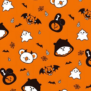 an orange background with black and white halloween themed animals, bats, and pumpkins Bt21 Halloween Halloween Bg Cute, Cute Halloween Disney, Cute Kawaii Halloween, dark orange