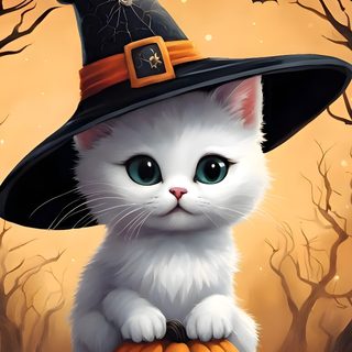 a painting of a white cat wearing a witches hat sitting on top of pumpkins Free Halloween Cat Halloween Cats Art, Halloween Cat Images Cute, Cute Halloween Animals - Cat, peru