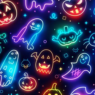 neon halloween wallpaper with ghost and pumpkins Neon Halloween Pattern Halloween Neon Leopard Background, Halloween Lights, Colorful Halloween, midnight blue
