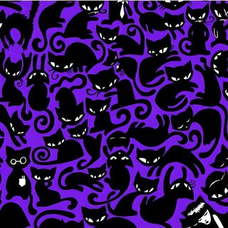many black cats with white eyes are in the purple and black pattern on this wallpaper Halloween Purple Cats Custom Alt Laptop, Emo Purple Aesthetic, Emily The Strange, Creepy Cat Background, black