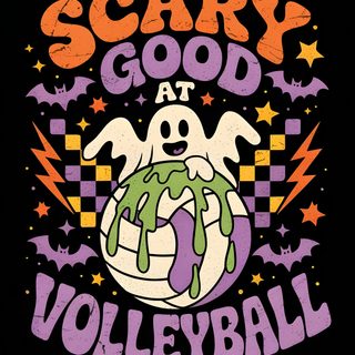 scary good at volleyball t - shirt design with ghost and stars in the background Volleyball Halloween black