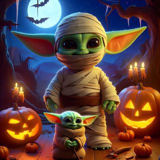 the child yoda and pumpkins in front of a full moon with candles on it Baby Yoda Halloween Yoda Art, Yoda, Star Wars Love, Star Wars Halloween, Halloween 2, dark olive green