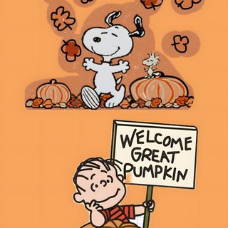 a cartoon character holding a sign that says welcome to great pumpkin on the front and back Halloween Charlie Brown sandy brown